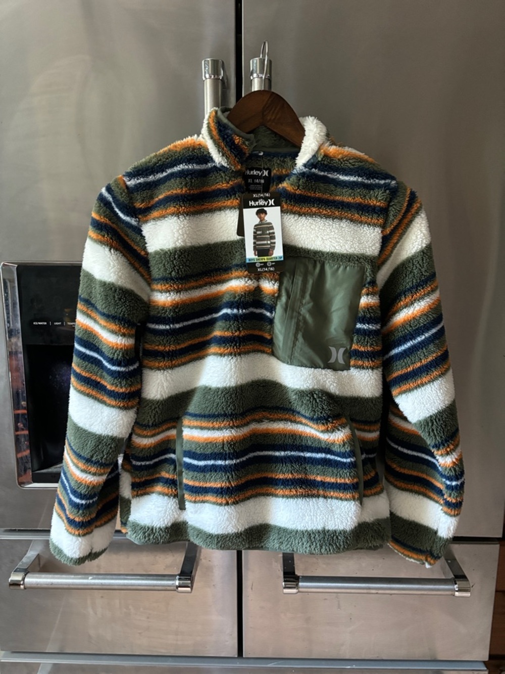 Hurley Boys Striped Sherpa Quarter-Zip Pullover - Olive, Navy, White, Orange - Picture 1 of 5